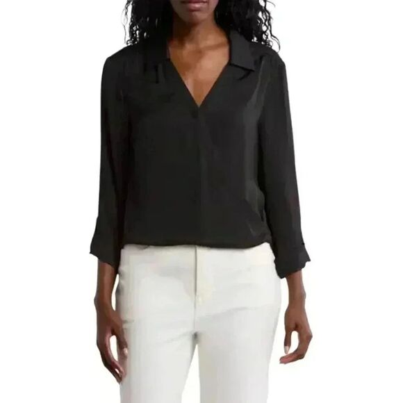 Pleione Women's Black Poly/Spandex Satin V-Neck Long Sleeve Cropped Pull Over To - Picture 1 of 10